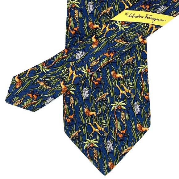 Salvatore Ferragamo Silk Giraffe / Rhino / Cheetah Print Tie - Picture 1 of 6